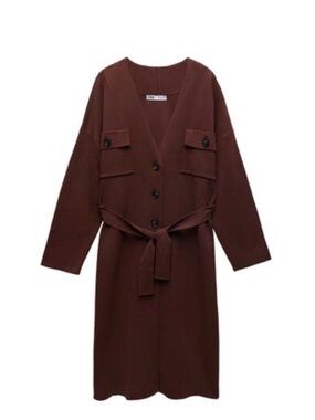 Zara Brown Button-Front Long Cardigan with Belt